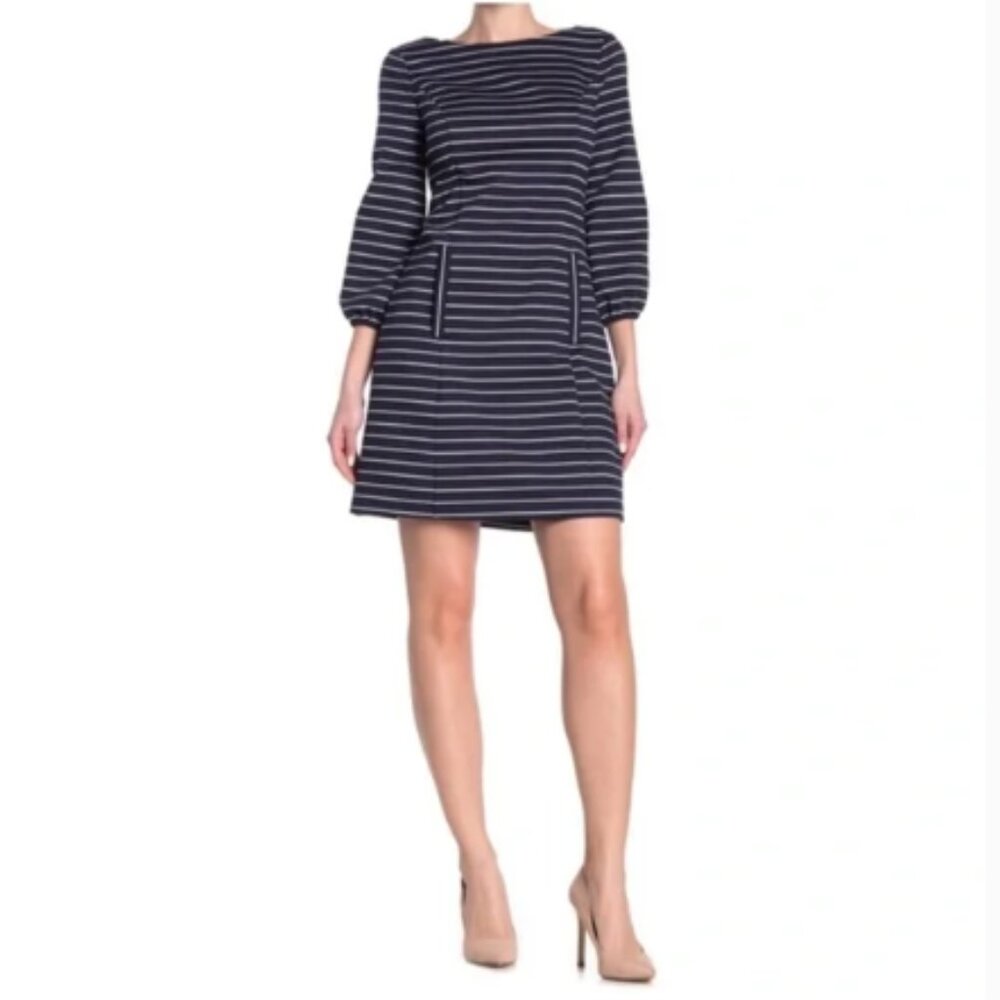 Eliza J 3/4 Sleeve Striped Navy and White Cut-Out Shift Dress (403)